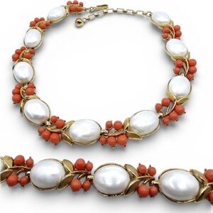 Trifari Mid-Century Necklace and Bracelet Set, Faux Coral and Pearl Jewelry Set